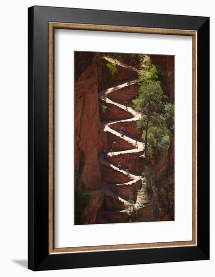 Utah, Zion National Park, Hikers on Walters Wiggles Zigzag-David Wall-Framed Photographic Print