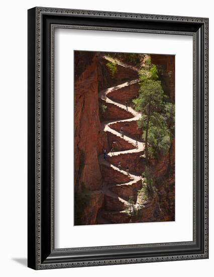 Utah, Zion National Park, Hikers on Walters Wiggles Zigzag-David Wall-Framed Photographic Print