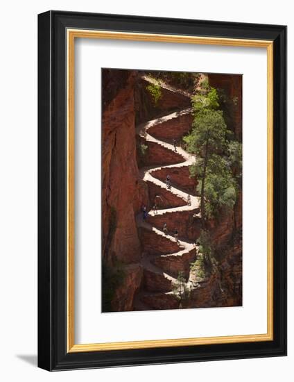 Utah, Zion National Park, Hikers on Walters Wiggles Zigzag-David Wall-Framed Photographic Print