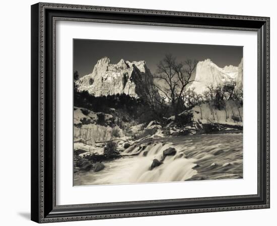 Utah, Zion National Park, Mountain Sunrise by the North Fork Virgin River, Winter, USA-Walter Bibikow-Framed Photographic Print