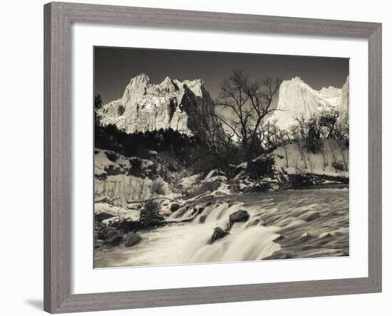 Utah, Zion National Park, Mountain Sunrise by the North Fork Virgin River, Winter, USA-Walter Bibikow-Framed Photographic Print