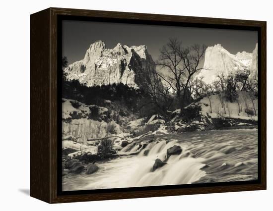 Utah, Zion National Park, Mountain Sunrise by the North Fork Virgin River, Winter, USA-Walter Bibikow-Framed Premier Image Canvas