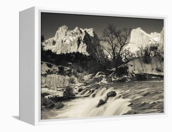 Utah, Zion National Park, Mountain Sunrise by the North Fork Virgin River, Winter, USA-Walter Bibikow-Framed Premier Image Canvas