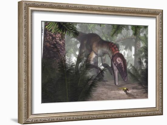 Utahraptor Dinosaur Hunting a Gecko-Stocktrek Images-Framed Art Print