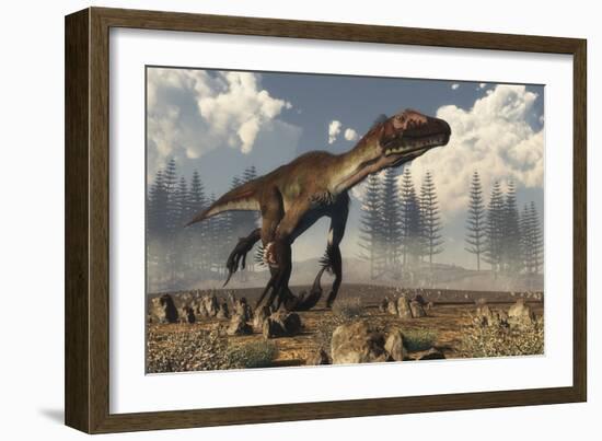 Utahraptor Dinosaur Running in the Desert-Stocktrek Images-Framed Art Print