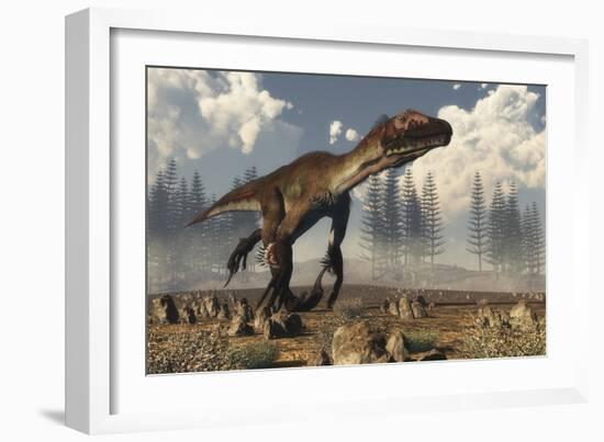 Utahraptor Dinosaur Running in the Desert-Stocktrek Images-Framed Art Print