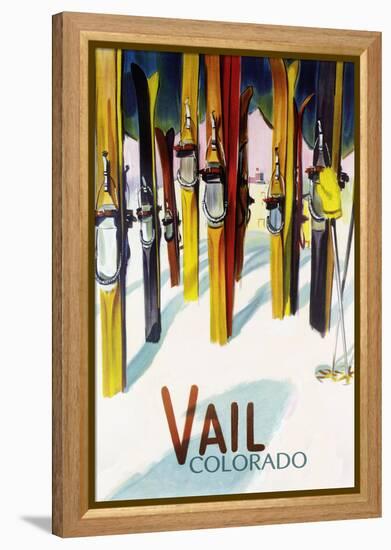 Vail, CO - Colorful Skis-Lantern Press-Framed Stretched Canvas