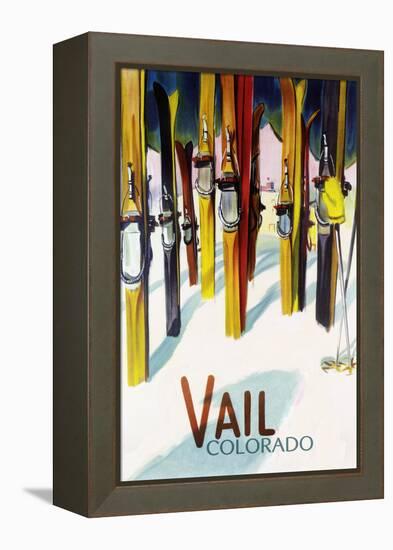 Vail, CO - Colorful Skis-Lantern Press-Framed Stretched Canvas