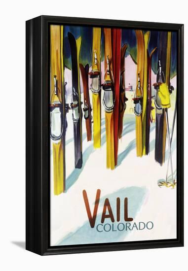Vail, CO - Colorful Skis-Lantern Press-Framed Stretched Canvas