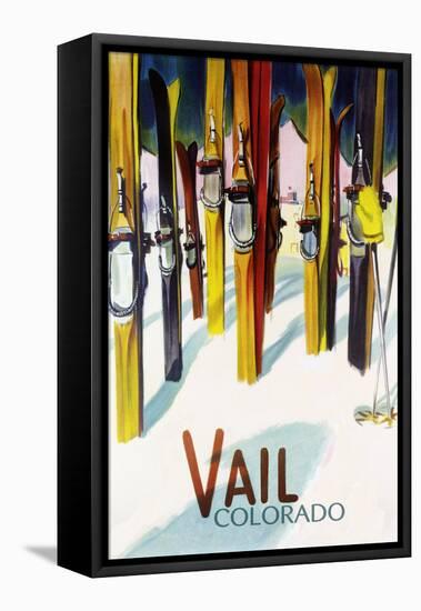 Vail, CO - Colorful Skis-Lantern Press-Framed Stretched Canvas