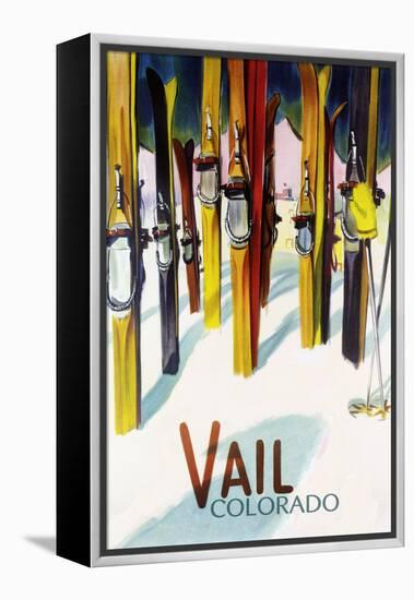 Vail, CO - Colorful Skis-Lantern Press-Framed Stretched Canvas