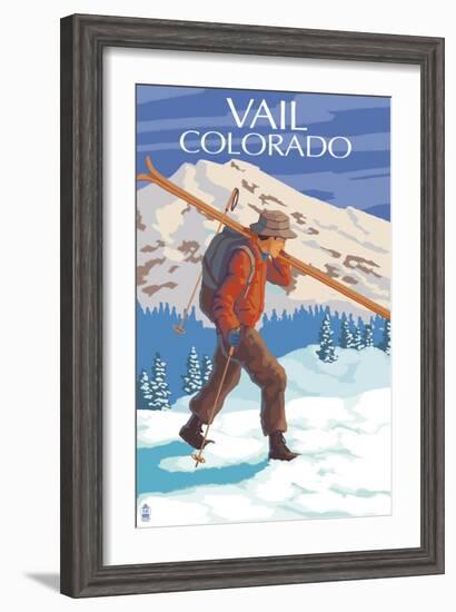 Vail, CO - Skier Carrying Skis-Lantern Press-Framed Art Print