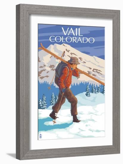 Vail, CO - Skier Carrying Skis-Lantern Press-Framed Art Print