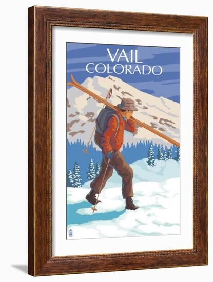 Vail, CO - Skier Carrying Skis-Lantern Press-Framed Art Print