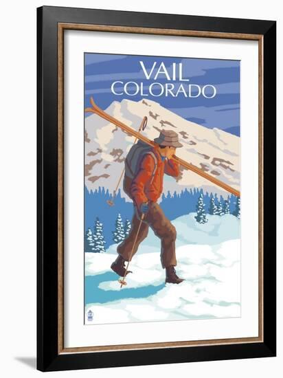 Vail, CO - Skier Carrying Skis-Lantern Press-Framed Art Print