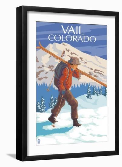 Vail, CO - Skier Carrying Skis-Lantern Press-Framed Art Print