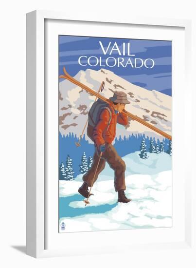 Vail, CO - Skier Carrying Skis-Lantern Press-Framed Art Print