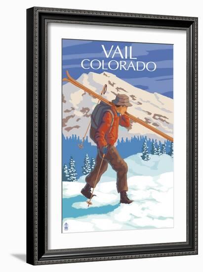 Vail, CO - Skier Carrying Skis-Lantern Press-Framed Art Print