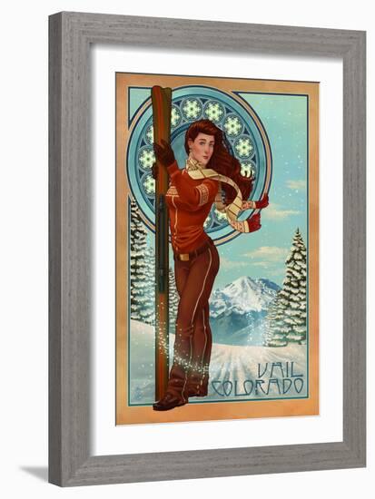 Vail, Colorado - Art Nouveau Skier-Lantern Press-Framed Art Print