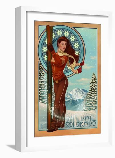 Vail, Colorado - Art Nouveau Skier-Lantern Press-Framed Art Print