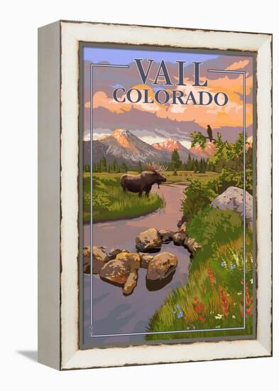 Vail, Colorado - Moose and Meadow Scene-Lantern Press-Framed Stretched Canvas