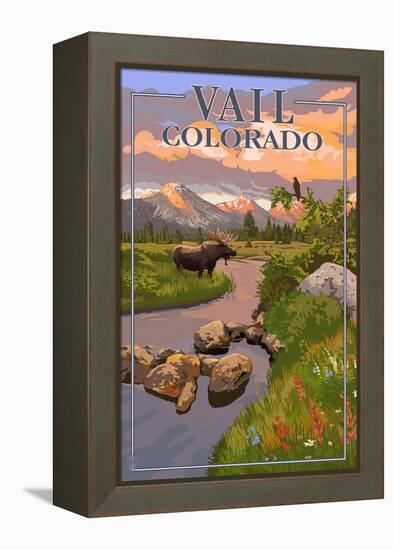 Vail, Colorado - Moose and Meadow Scene-Lantern Press-Framed Stretched Canvas