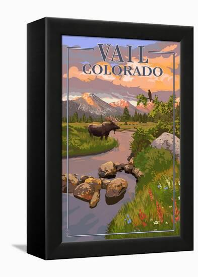 Vail, Colorado - Moose and Meadow Scene-Lantern Press-Framed Stretched Canvas