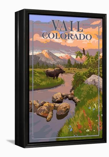 Vail, Colorado - Moose and Meadow Scene-Lantern Press-Framed Stretched Canvas