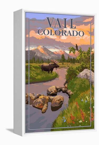 Vail, Colorado - Moose and Meadow Scene-Lantern Press-Framed Stretched Canvas