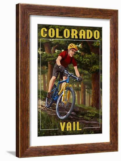 Vail, Colorado - Mountain Biker in Trees-Lantern Press-Framed Art Print