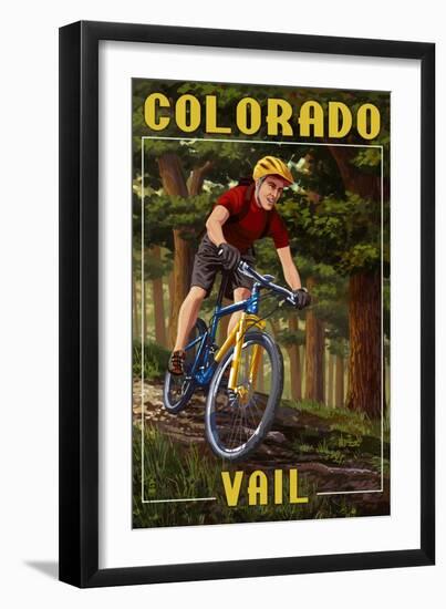 Vail, Colorado - Mountain Biker in Trees-Lantern Press-Framed Art Print