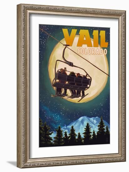 Vail, Colorado - Ski Lift and Full Moon-Lantern Press-Framed Art Print