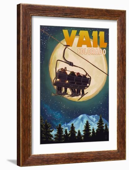 Vail, Colorado - Ski Lift and Full Moon-Lantern Press-Framed Art Print
