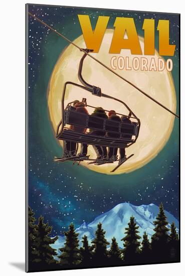 Vail, Colorado - Ski Lift and Full Moon-Lantern Press-Mounted Art Print