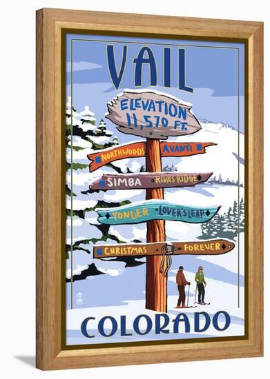 Vail, Colorado - Ski Signpost-Lantern Press-Framed Stretched Canvas