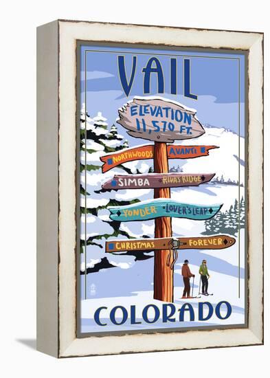 Vail, Colorado - Ski Signpost-Lantern Press-Framed Stretched Canvas