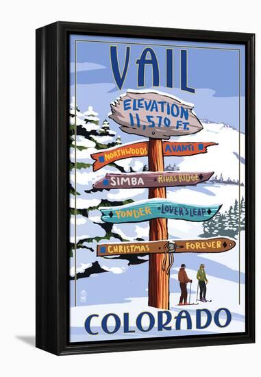 Vail, Colorado - Ski Signpost-Lantern Press-Framed Stretched Canvas