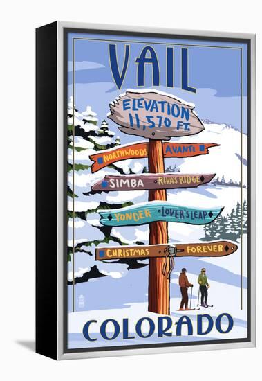 Vail, Colorado - Ski Signpost-Lantern Press-Framed Stretched Canvas