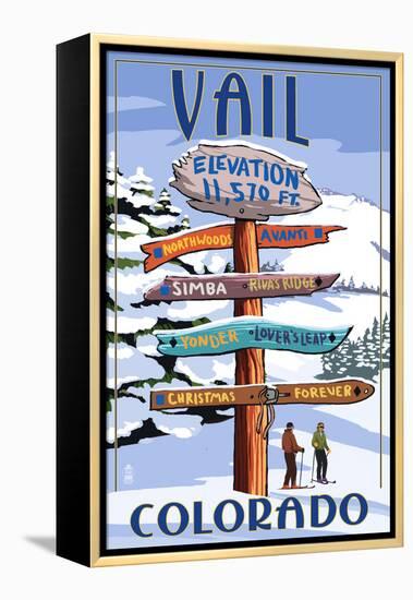 Vail, Colorado - Ski Signpost-Lantern Press-Framed Stretched Canvas