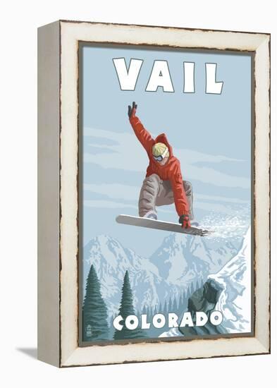 Vail, Colorado - Snowboarder Jumping-Lantern Press-Framed Stretched Canvas