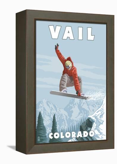 Vail, Colorado - Snowboarder Jumping-Lantern Press-Framed Stretched Canvas