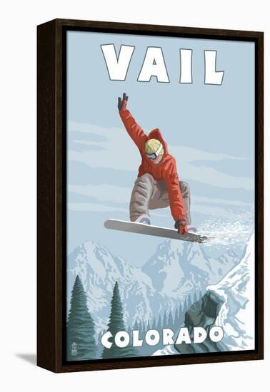 Vail, Colorado - Snowboarder Jumping-Lantern Press-Framed Stretched Canvas