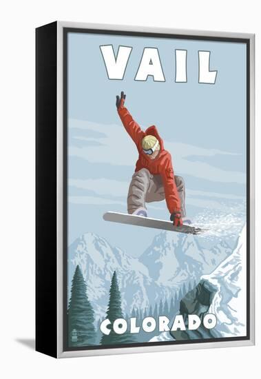 Vail, Colorado - Snowboarder Jumping-Lantern Press-Framed Stretched Canvas