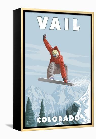 Vail, Colorado - Snowboarder Jumping-Lantern Press-Framed Stretched Canvas