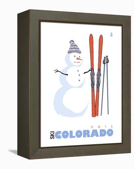 Vail, Colorado, Snowman with Skis-Lantern Press-Framed Stretched Canvas