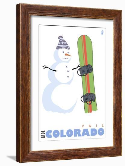 Vail, Colorado, Snowman with Snowboard-Lantern Press-Framed Art Print