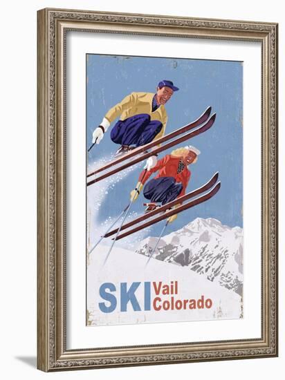 Vail, Colorado - Vintage Skiers-Lantern Press-Framed Art Print