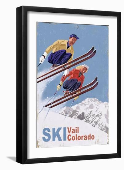 Vail, Colorado - Vintage Skiers-Lantern Press-Framed Art Print