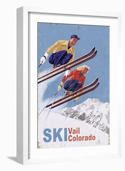 Vail, Colorado - Vintage Skiers-Lantern Press-Framed Art Print