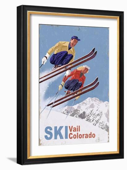 Vail, Colorado - Vintage Skiers-Lantern Press-Framed Art Print